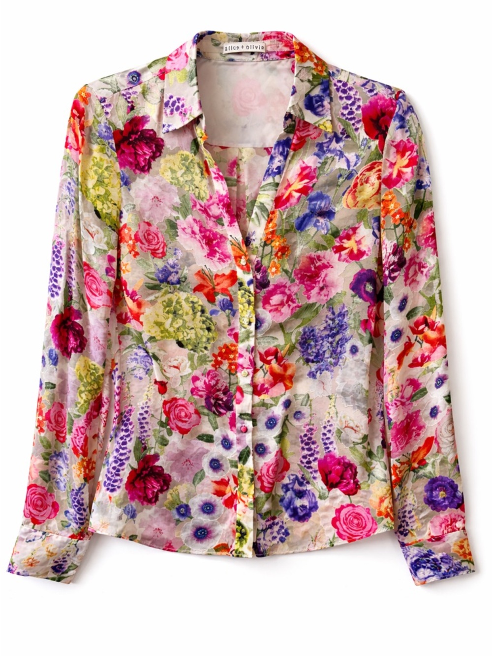 Alice + Olivia Floral Button-Down Shirt in Pink, Purple, Green Size SMALL